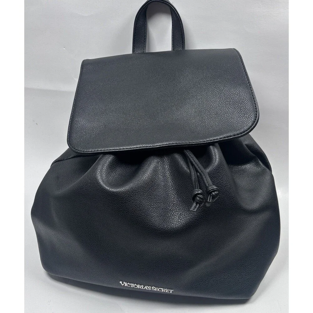 Victoria's Secret Backpack Purse Tote Black Faux Leather Drawstring 14